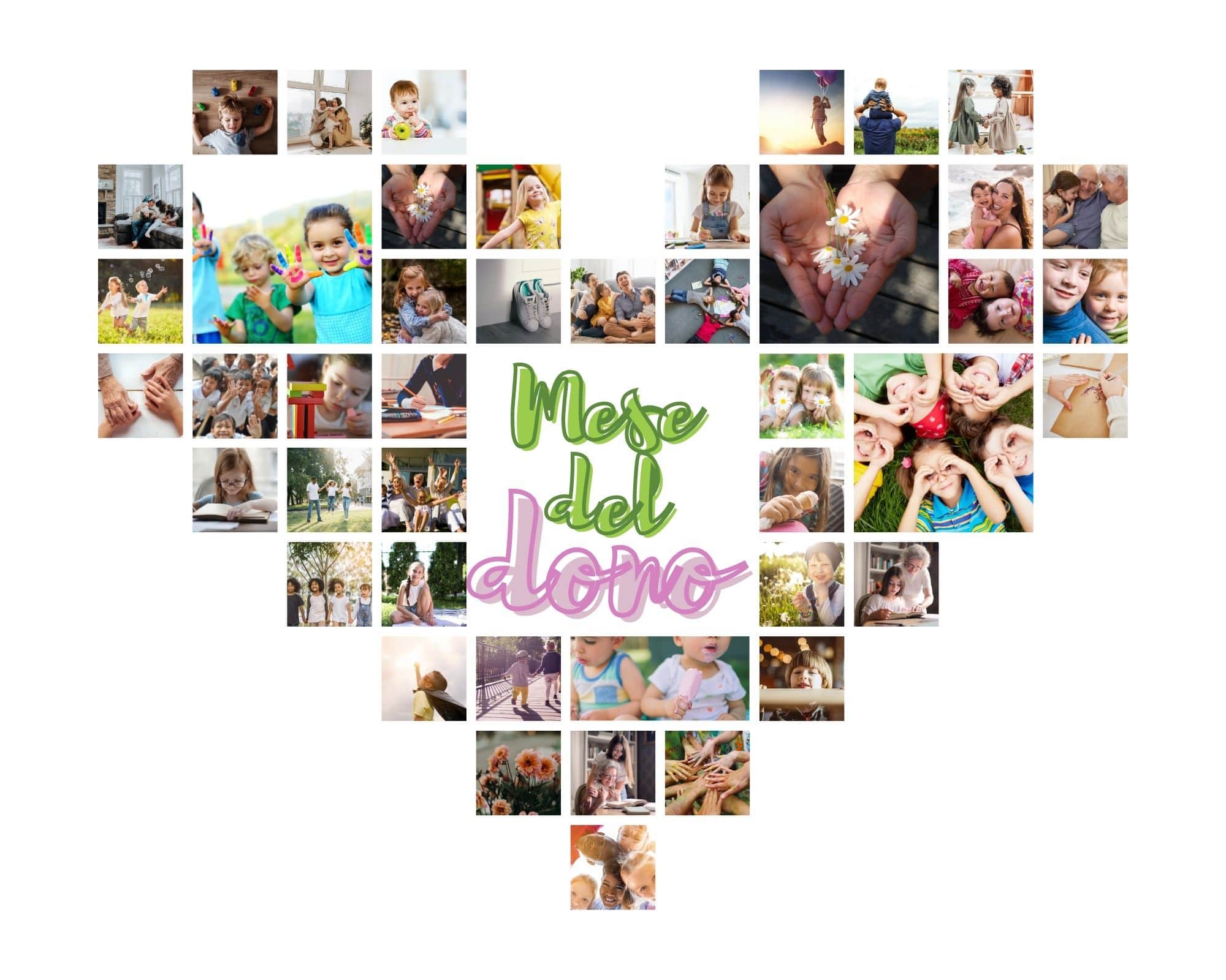 dono1-min collage di foto di bambini a forma di cuore con scritta mese del dono al centro