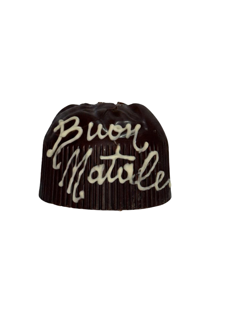 sfera di cioccolato fondente nocciolato alla gianduia con scritta Buon Natale